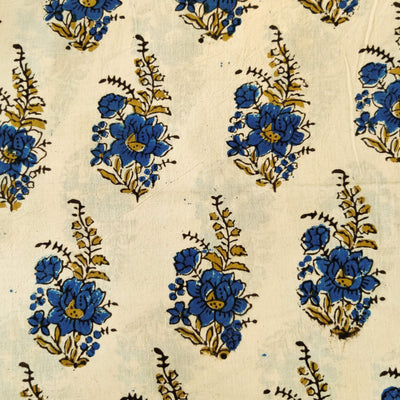 Pre-cut 1.5 meter Pure Cotton Ajrak Cream With Blue Flower Bouquet Hand Block Print Fabric