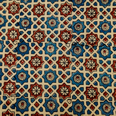 Pre cut 2 Meter Pure Cotton Ajrak Cream With Maroon And Blue Stars Hand Block Print Fabric