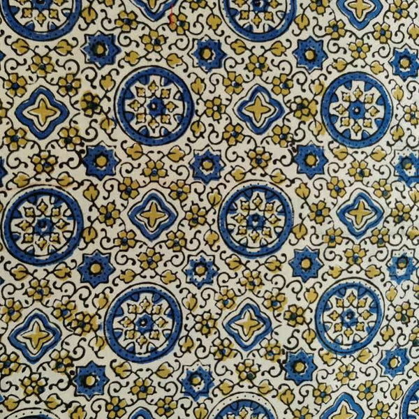 Pure Cotton Ajrak Cream With Persian Star Circle Tiles Hand Block Print Fabric
