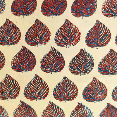 Pure Cotton Ajrak Cream With Rust Blue Intricate Leaf Motif Hand Block Print Blouse Piece Fabric (1 Meter)