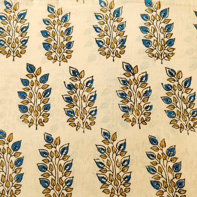 Pure Cotton Ajrak Cream With Blue Leafy Plant Hand Block blouse Print ( 1 meter )