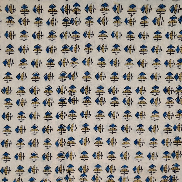 Pure Cotton Ajrak Cream With Tiny Blue Motifs Hand Block Print Fabric