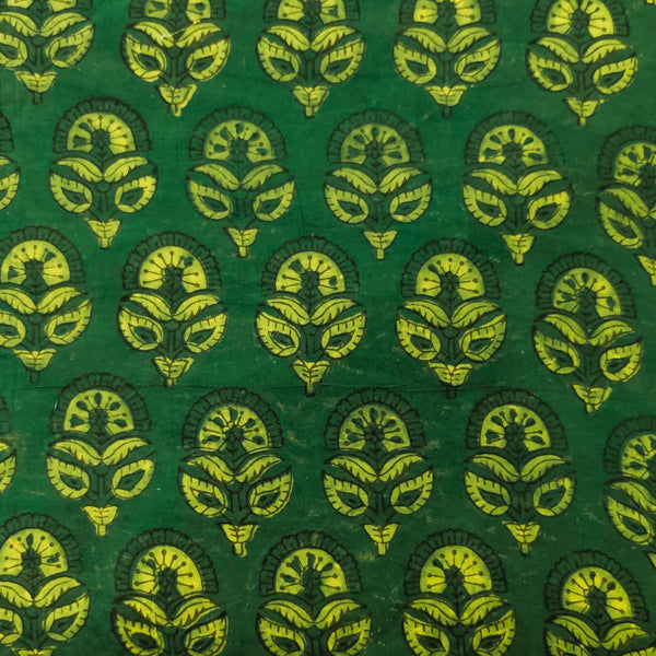 Pure Cotton Ajrak Dabu Green With Flower Buds Hand Block Print Fabric