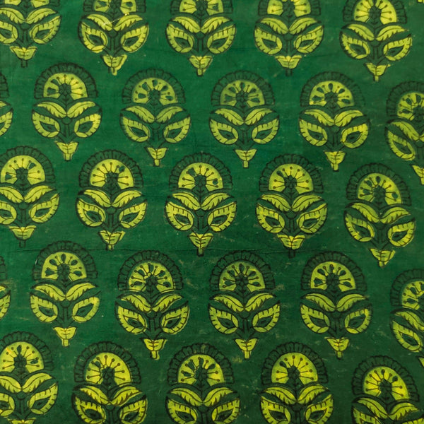 Pure Cotton Ajrak Dabu Green With Flower Buds Hand Block Print blouse Fabric ( 1.35 meter )