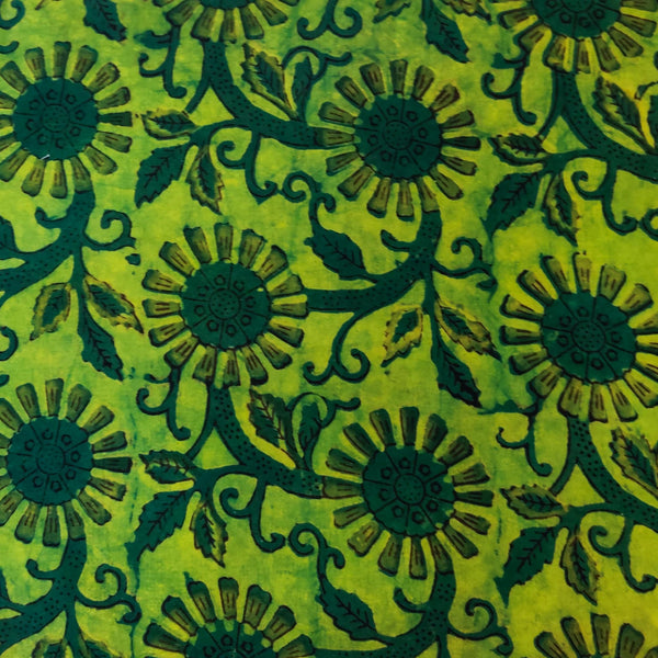 Pure Cotton Ajrak Dabu Green With Wild Flowers Jaal Hand Block Print Fabric