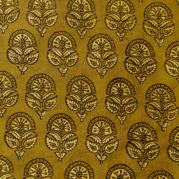 Pure Cotton Ajrak Dabu Mustard Green With Flower Buds Hand Block Print Fabric