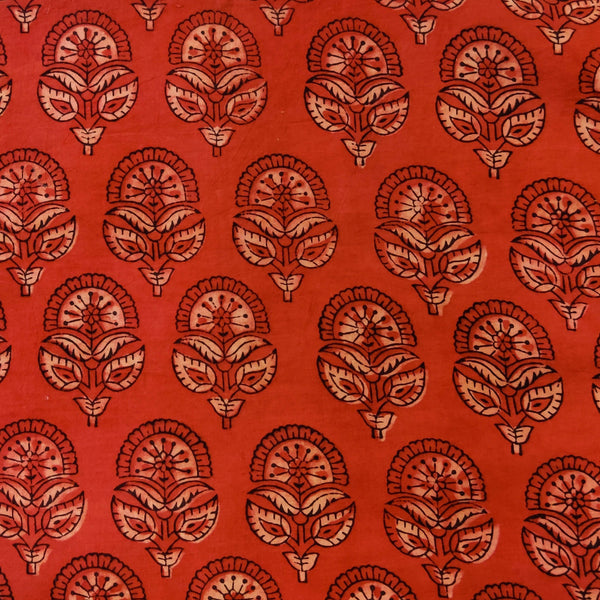 Pure Cotton Ajrak Dabu Rust With Flower Buds Hand Block Print Fabric