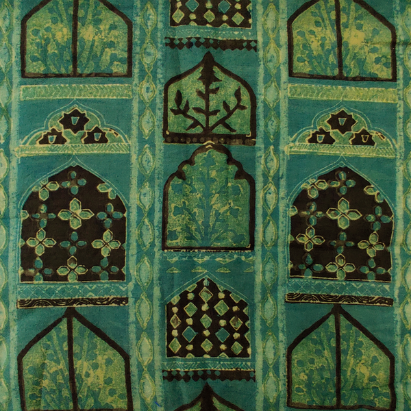 Pure Cotton Ajrak Dabu Soft Green With Mughal Windows Hand Block Print Fabric