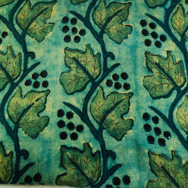 Pure Cotton Ajrak Dabu Yellowish Blue With Grape Wine Creeper Hand Block Print Fabric