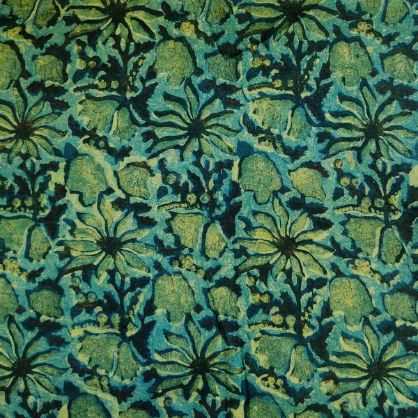 Pure Cotton Ajrak Dabu Yellowish Blue With Green Flower Jaal Motif Hand Block Print Fabric