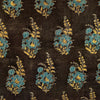 Pure Cotton Ajrak Dark Brown With Blue Flower Bouquet Hand Block Print Fabric