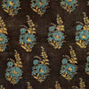 Pure Cotton Ajrak Dark Brown With Blue Flower Bouquet Hand Block Print Blouse Fabric ( 1.35 Meter )