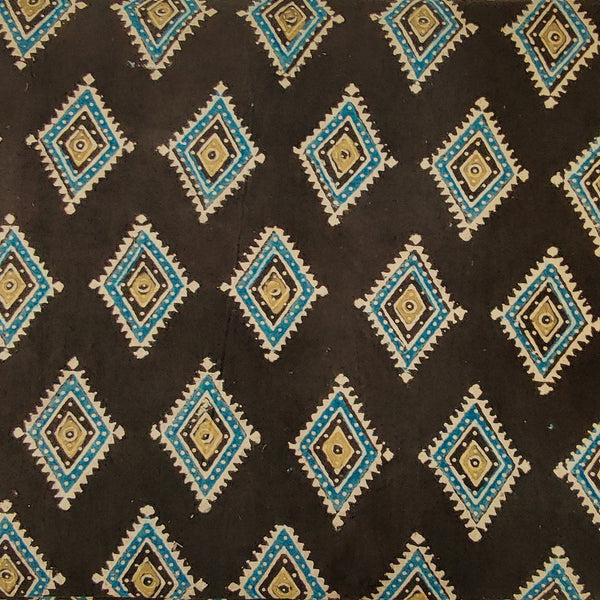 Pure Cotton Ajrak Dark Brown With Blue Intricate Diamond Hand Block Print Blouse Piece ( 1.30 meter )Fabric