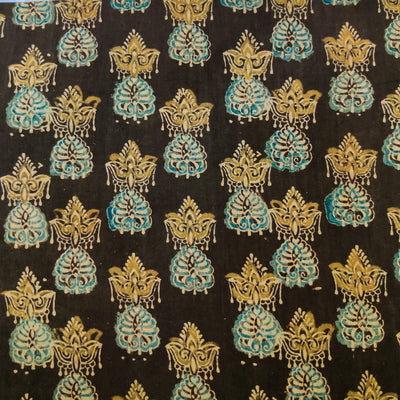 Pure Cotton Ajrak Dark Brown With Mehendi Art Hand Block Print Fabric