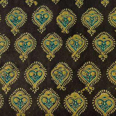 Pure Cotton Ajrak Dark Brown With Mehendi Motif Hand Block Print Fabric