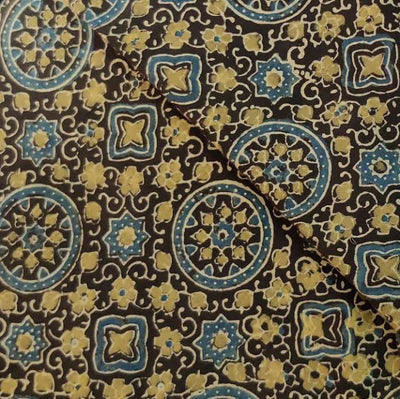 Pure Cotton Ajrak Dark Brown With Persian Star Circle Tiles Hand Block Print Fabric