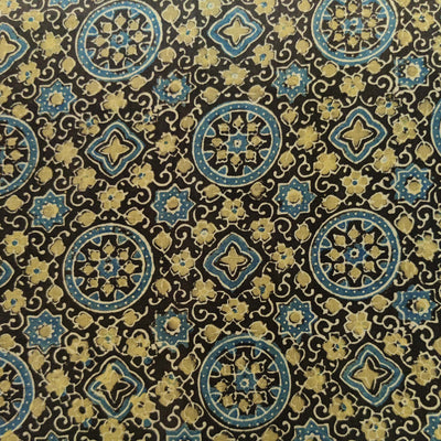 Pure Cotton Ajrak Dark Brown With Persian Star Circle Tiles Hand Block Print Fabric