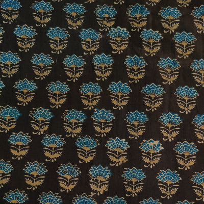 Pure Cotton Ajrak Dark Brown With Single Wild Flower Hand Block Print Fabric