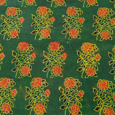 Pure Cotton Ajrak Dark Green With Red Rose Plant Motif Hand Block Print Fabric
