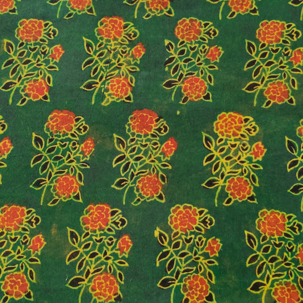 Pure Cotton Ajrak Dark Green With Red Rose Plant Motif Hand Block Print blouse Fabric ( 1 meter )