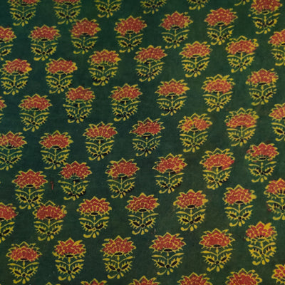 Pure Cotton Ajrak Dark Green With Single Wild Flower Hand Block Print Fabric