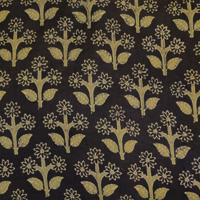 Pre-cut 1.30 meter Pure Cotton Ajrak Deep Brown With Mustard Green Flower Motifs Hand Block Print Fabric
