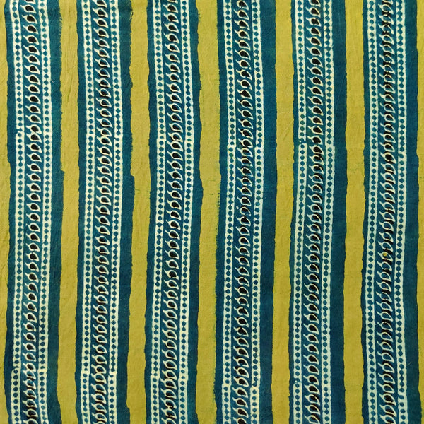 Pre-cut 1.80 meter Pure Cotton Ajrak Green And Blue Intricate Stripes Hand Block Print Fabric