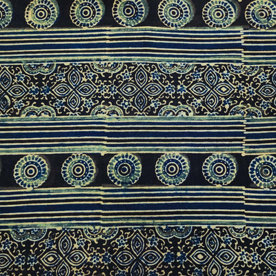 Pure Cotton Ajrak Green Blue With Chakra Tile Stripes Border Hand Block Print Fabric