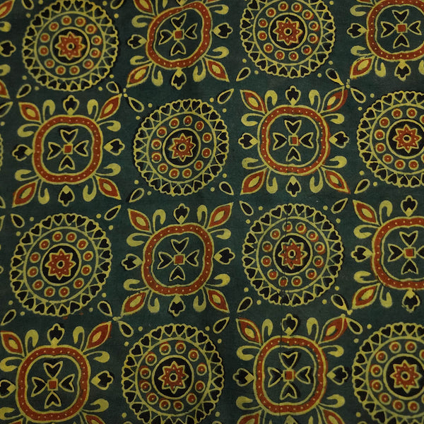 Pure Cotton Ajrak Green With Chakra And Flower Star Mehendi Design Hand Block Print Fabric