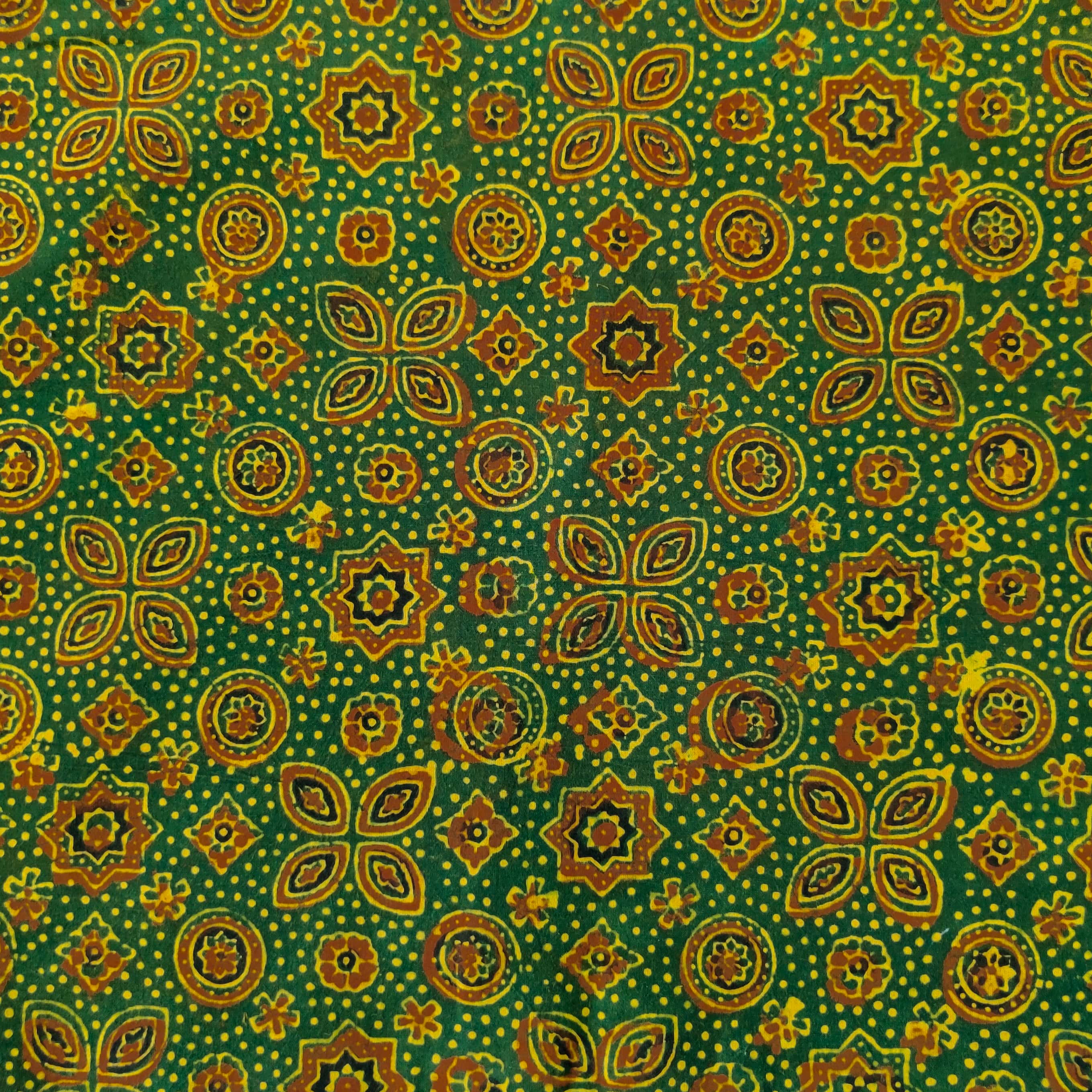 Pure Cotton Ajrak Green With Flower And Star Tile Motif Hand Block Pri ...