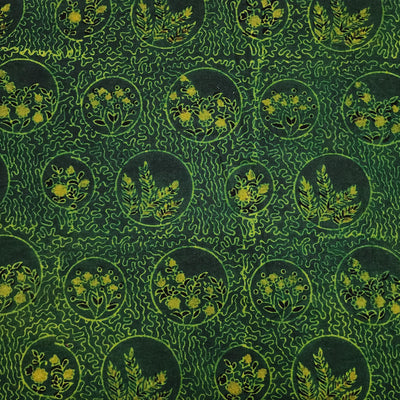 Pure Cotton Ajrak Green With Self Design With Some Plants In A Circle Hand Block Print Fabric