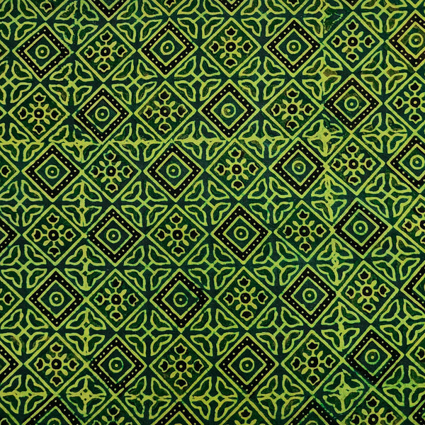 Pure Cotton Ajrak Green With Squares And Flowers Checks Motifs Hand Block Print Fabric