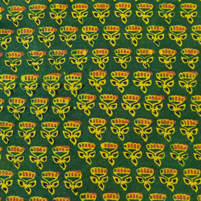 Pure Cotton Ajrak Green With Tiny Lotus Motif Hand Block Print Fabric