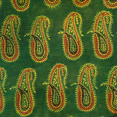 Pre Cut 2.45 Meter Pure Cotton Ajrak Green With Yellow And Madder Beautiful Intricate Kairi Motif Hand Block Print Fabric