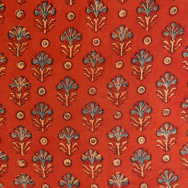 Pre-cut Pure Cotton Ajrak Madder With Blue Flower Motif Hand Block Print Fabric(1.5 meter)