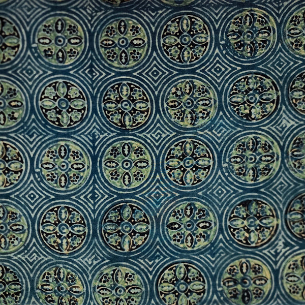 Pure Cotton Ajrak Persian Blue With All Over Chakra Pattern Hand Block Print Fabric