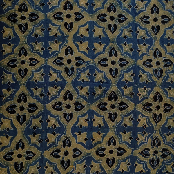 (Blouse Piece 0.80 Meter) Pure Cotton Ajrak Persian Blue With Black Four Petal Floral Tiles Hand Block Print Fabric
