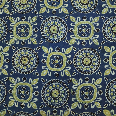 Pure Cotton Ajrak Persian Blue With Chakra And Flower Star Mehendi Design Hand Block Print Fabric