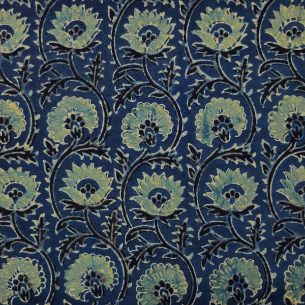Pre-cut 1.90 meter Pure Cotton Ajrak Persian Blue With Floral Creeper Hand Block Print Fabric