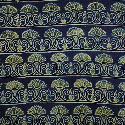 Pure Cotton Ajrak Persian Blue With Green Bush Border Horizontal Hand Block Print Fabric