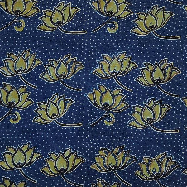 Pure Cotton Ajrak Persian Blue With Green Kamal Hand Block Print Fabric