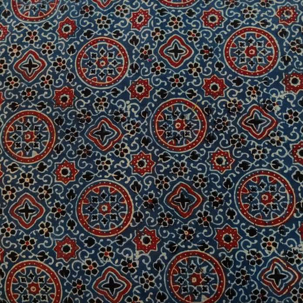 Pure Cotton Ajrak Persian Blue With Persian Star Circle Tiles Hand Block Print blouse piece Fabric( 0.95 meter)