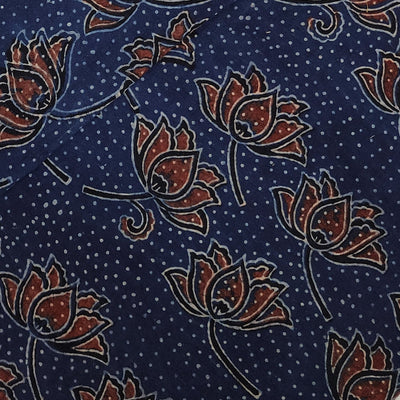 Pure Cotton Ajrak Persian Blue With Rust Kamal Hand Block Print Fabric