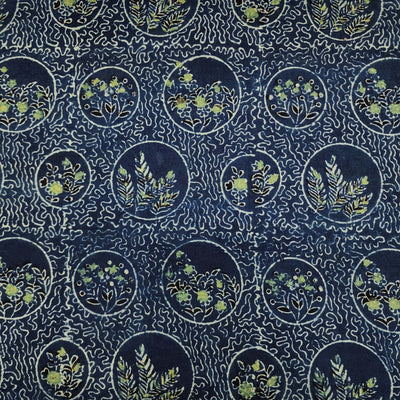 Pure Cotton Ajrak Persian Blue With Self Design With Some Plants In A Circle Hand Block Print Fabric