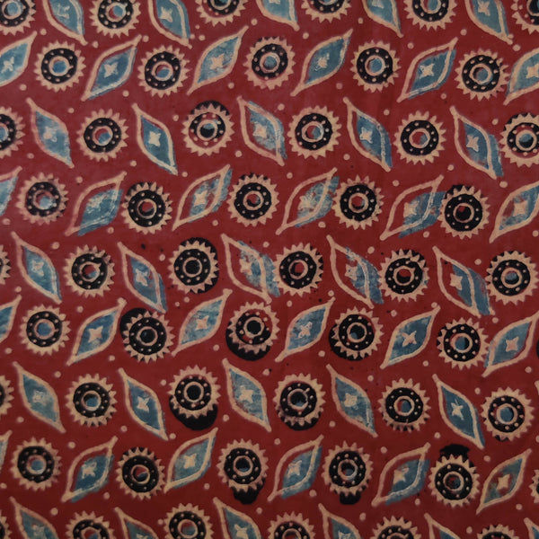 Pure Cotton Ajrak Persian Rust With Blue Leaves Hand Block Print Fabric
