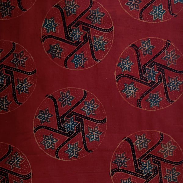 Pure Cotton Ajrak Rust With Big Chakra Hand Block Print Blouse Piece Fabric (0.90 Meter)