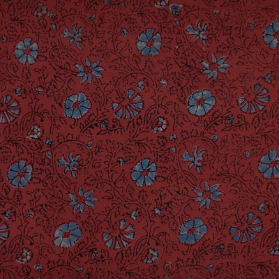 Precut 2.30 Meter Pure Cotton Ajrak Rust With Blue Flower Jaal Hand Block Print Fabric