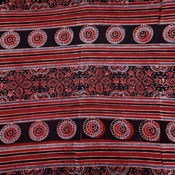 Pure Cotton Ajrak Rust With Chakra Tile Stripes Border Hand Block Print Fabric