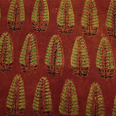 Pure Cotton Ajrak Rust With Yellow Green Pine Cone Motif Hand Block Print Fabric