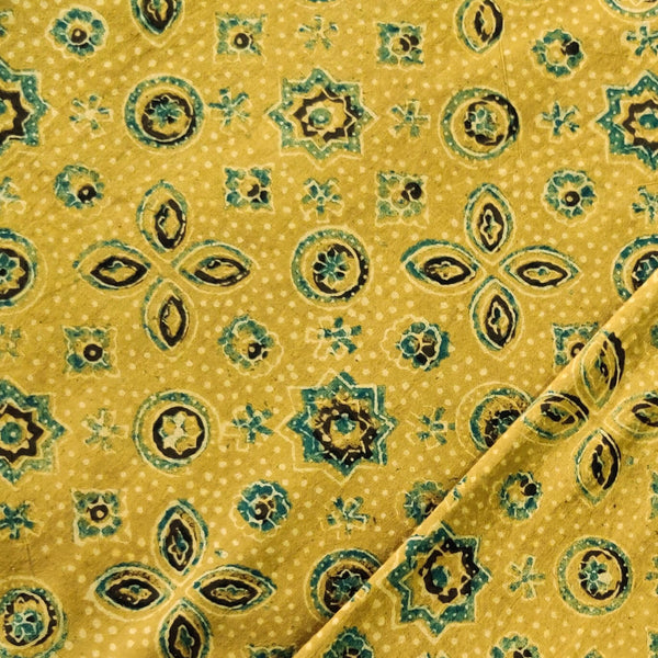 Pure Cotton Ajrak Sandy Yellow With Flower And Star Tile Motif Hand Block Print Fabric